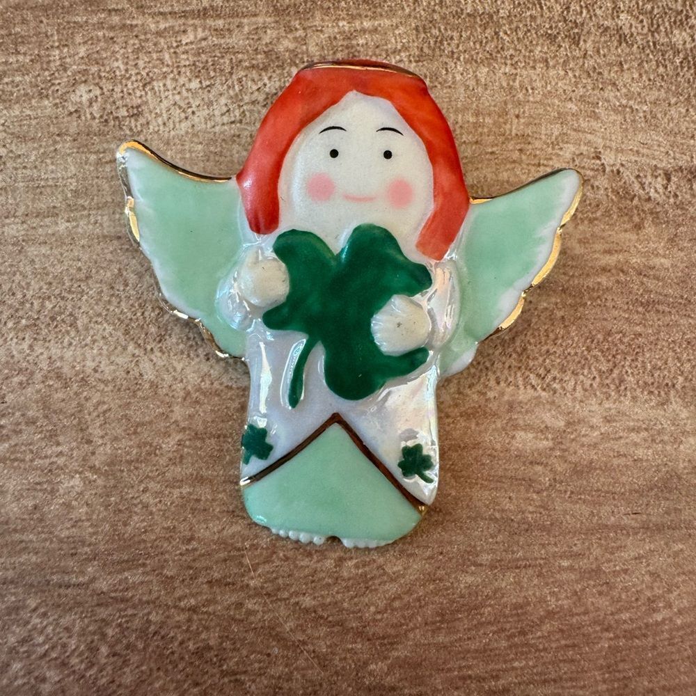 Irish Angel Porcelain/Ceramic Pin Brooch Enamel Painted   Angels Y2K